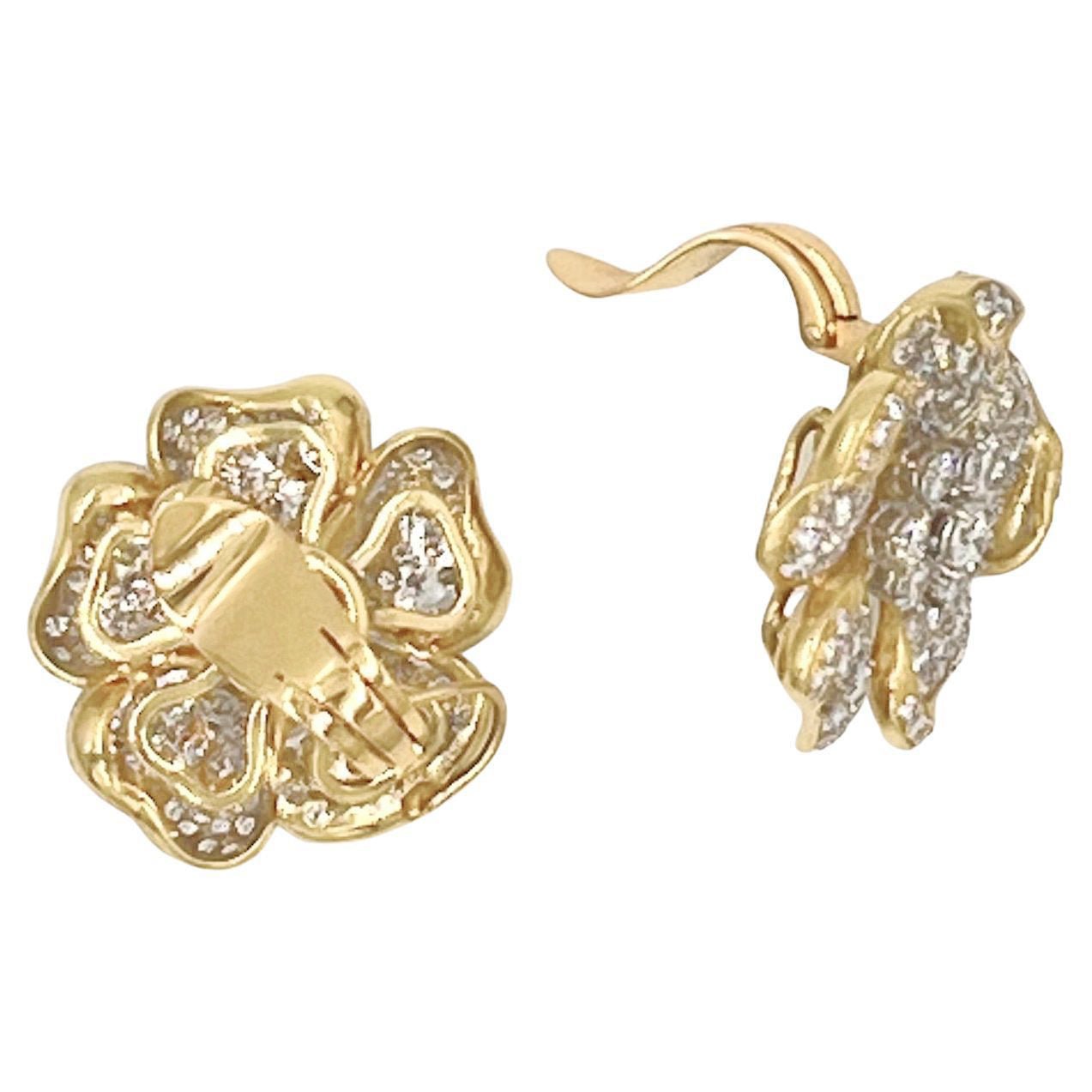 Estate Collection - 18k Yellow Gold Pavé Diamond Flower Earrings