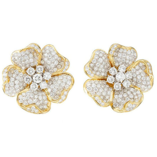 Estate Collection - 18k Yellow Gold Pavé Diamond Flower Earrings