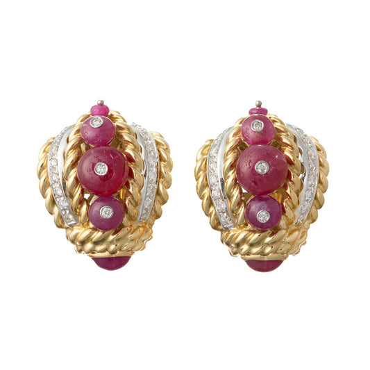 Estate Collection - 18k Yellow Gold Ruby Bead Diamond Earrings