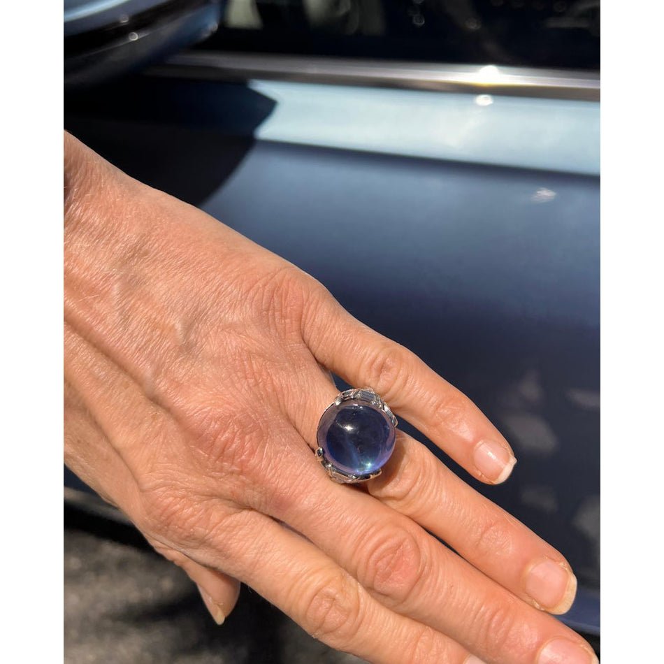 Natural Unheated Sri Lankan Blue Sapphire 21.68 carats set in 18K White  Gold Ring with Diamonds 1.10 cts / GIA Report