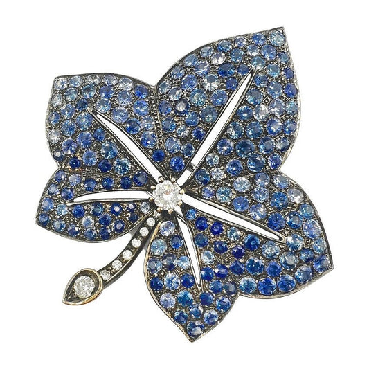 Estate Collection - Blue Sapphire Diamond Leaf Brooch