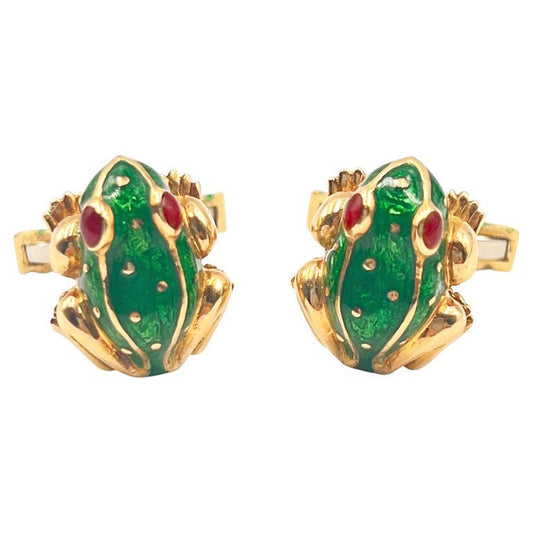 Estate Collection - David Webb 18k Gold Enamel Ruby Frog Cufflinks