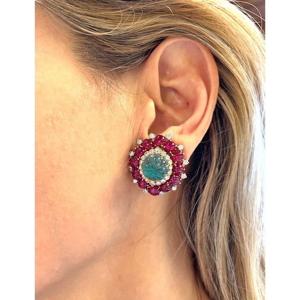 Estate Collection - David Webb 1970s Emerald Ruby Diamond Earrings