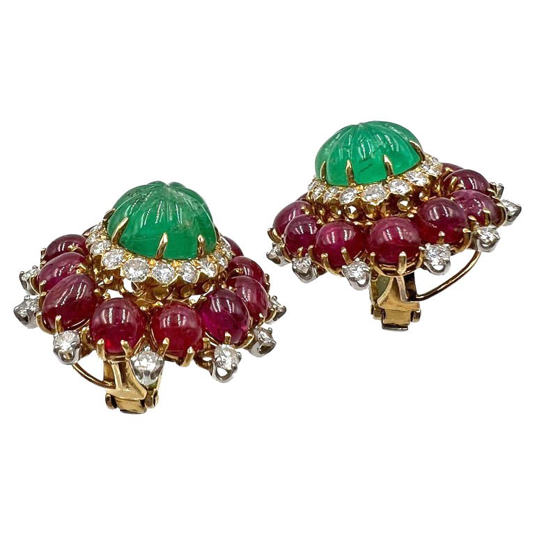 Estate Collection - David Webb 1970s Emerald Ruby Diamond Earrings