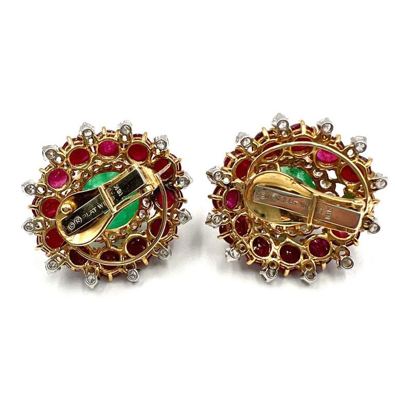 Estate Collection - David Webb 1970s Emerald Ruby Diamond Earrings