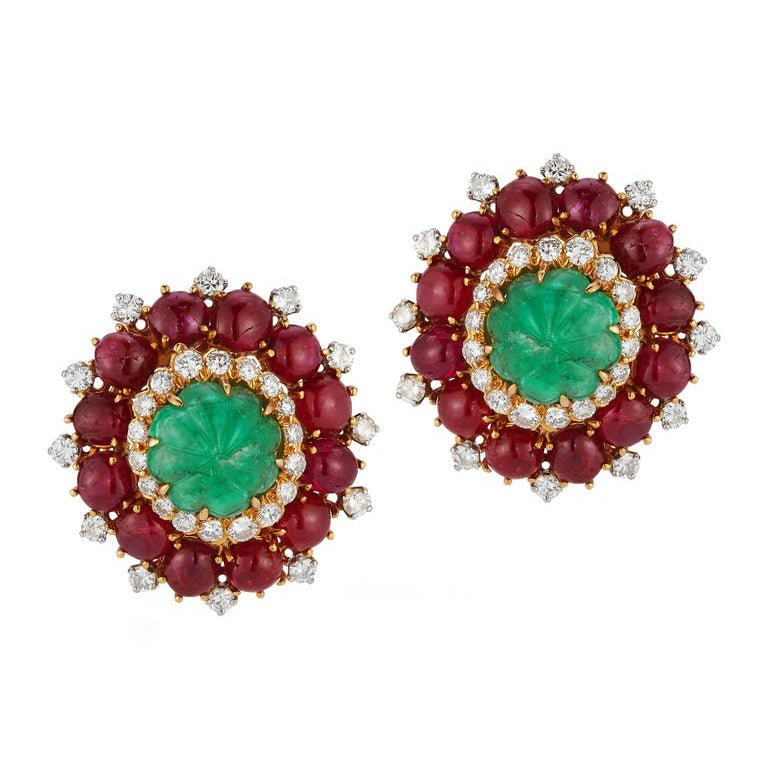 Estate Collection - David Webb 1970s Emerald Ruby Diamond Earrings