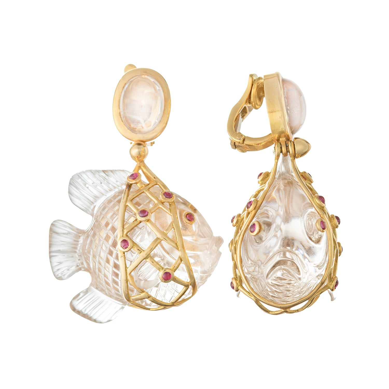 Estate Collection - French 18k Gold Carved Quartz Fish Pendant Earrings