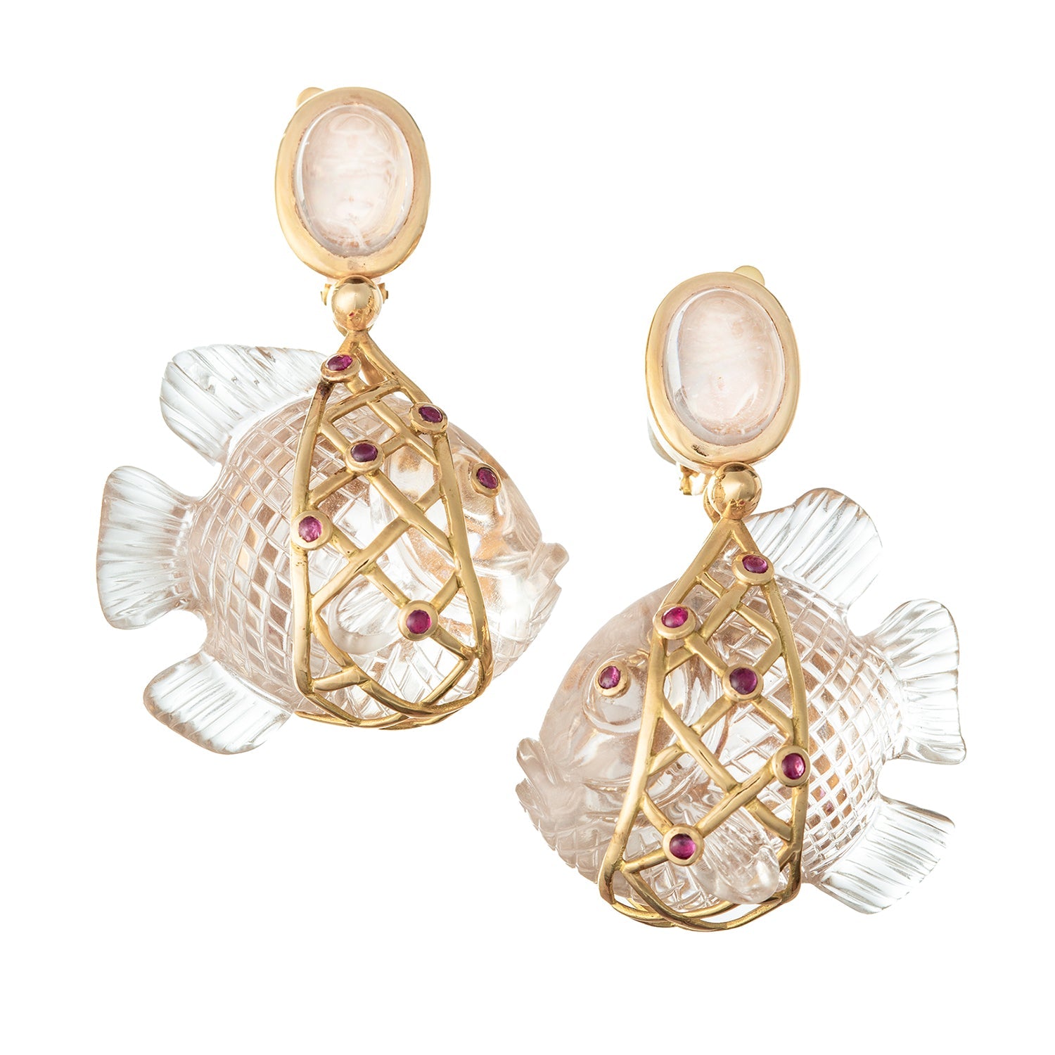Estate Collection - French 18k Gold Carved Quartz Fish Pendant Earrings