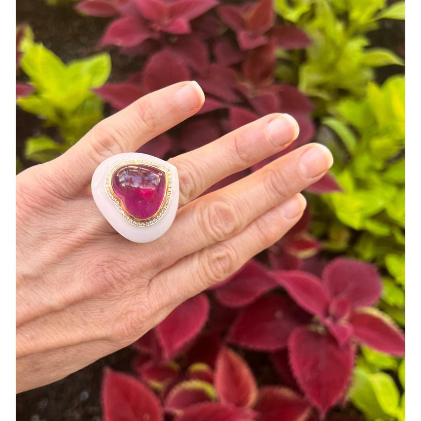 Heart-Shaped Rubellite White Agate Cocktail Ring