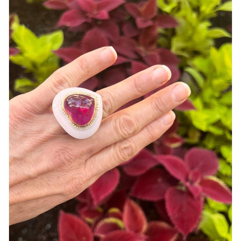 Estate Collection - Heart-Shaped Rubellite White Agate Cocktail Ring