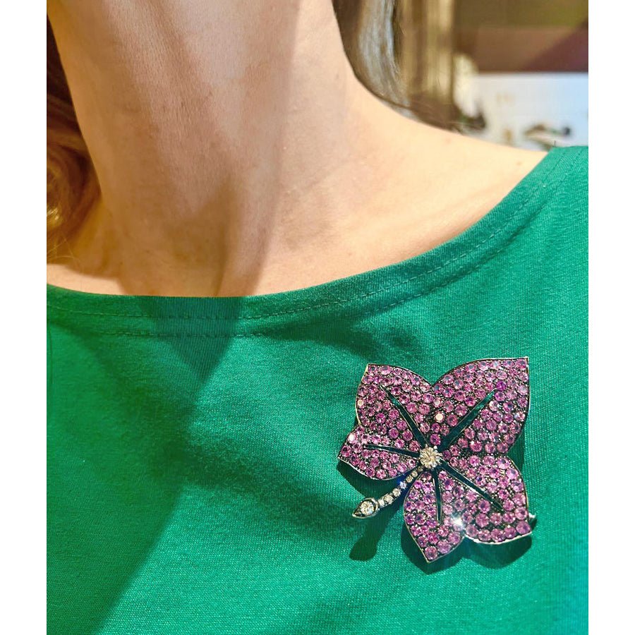 Estate Collection - Pink Sapphire Diamond Leaf Brooch