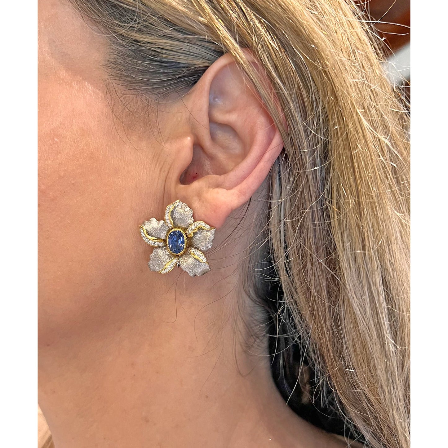 Estate Collection - Sapphire Diamond Flower Earrings with Pearl Drops