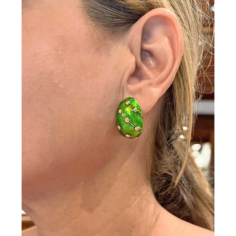 Estate Collection - Tiffany Schlumberger Green Enamel 18k Gold Earrings