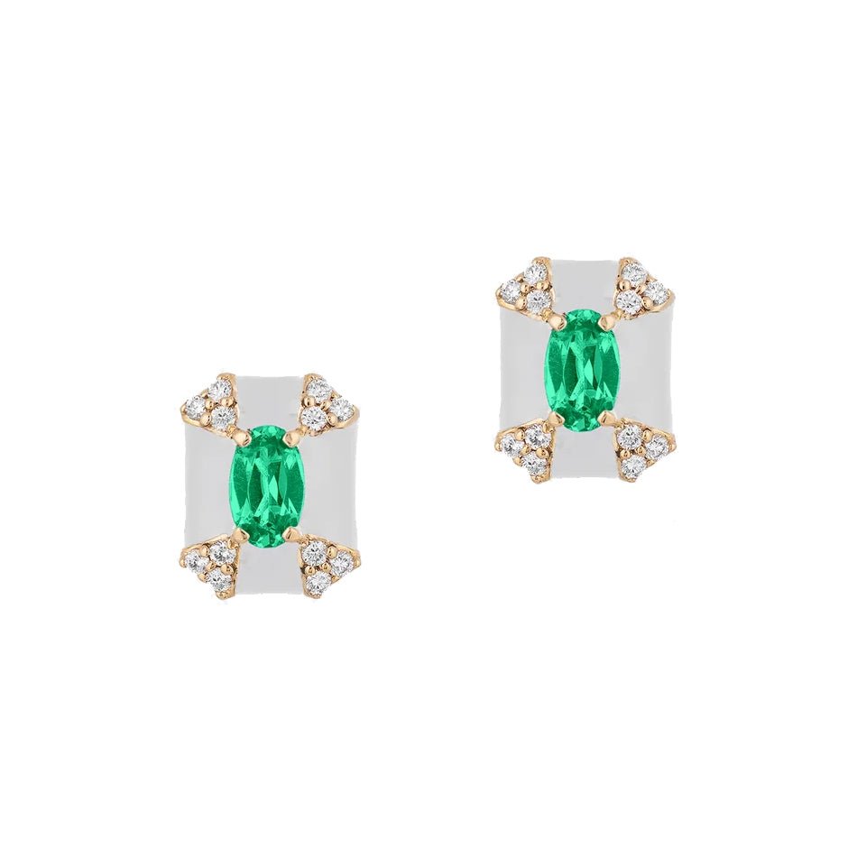 Goshwara - Emerald Diamond White Enamel Stud Earrings