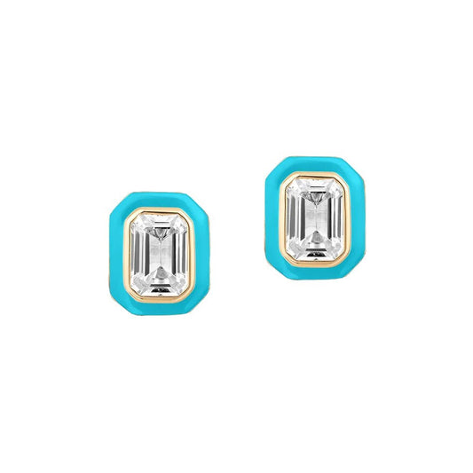Goshwara - Rock Crystal Turquoise Enamel Stud Earrings