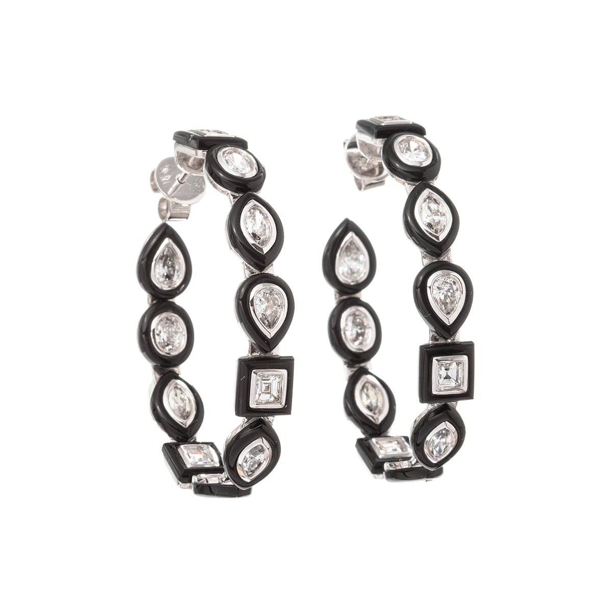 Greenleaf & Crosby - 18k White Gold Mixed-Shaped Diamond Black Agate Hoops