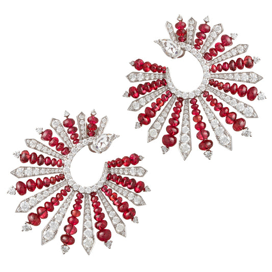 Greenleaf & Crosby - 18k White Gold Red Spinel Diamond Fan Earrings