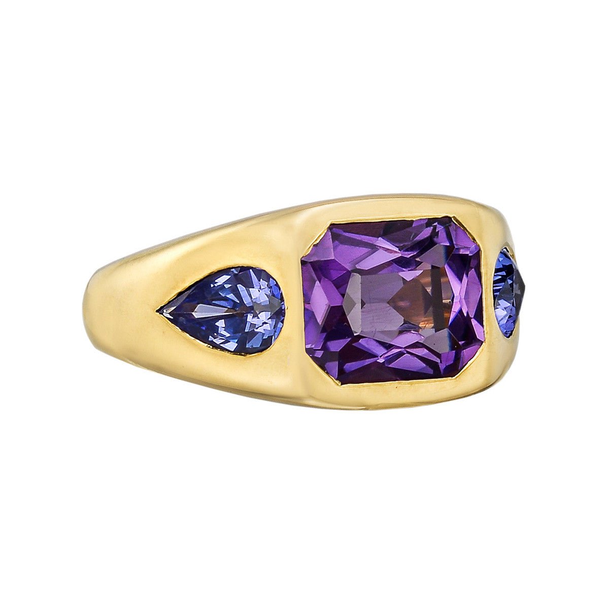 Greenleaf & Crosby - Amethyst Tanzanite Three-Stone Gypsy Ring