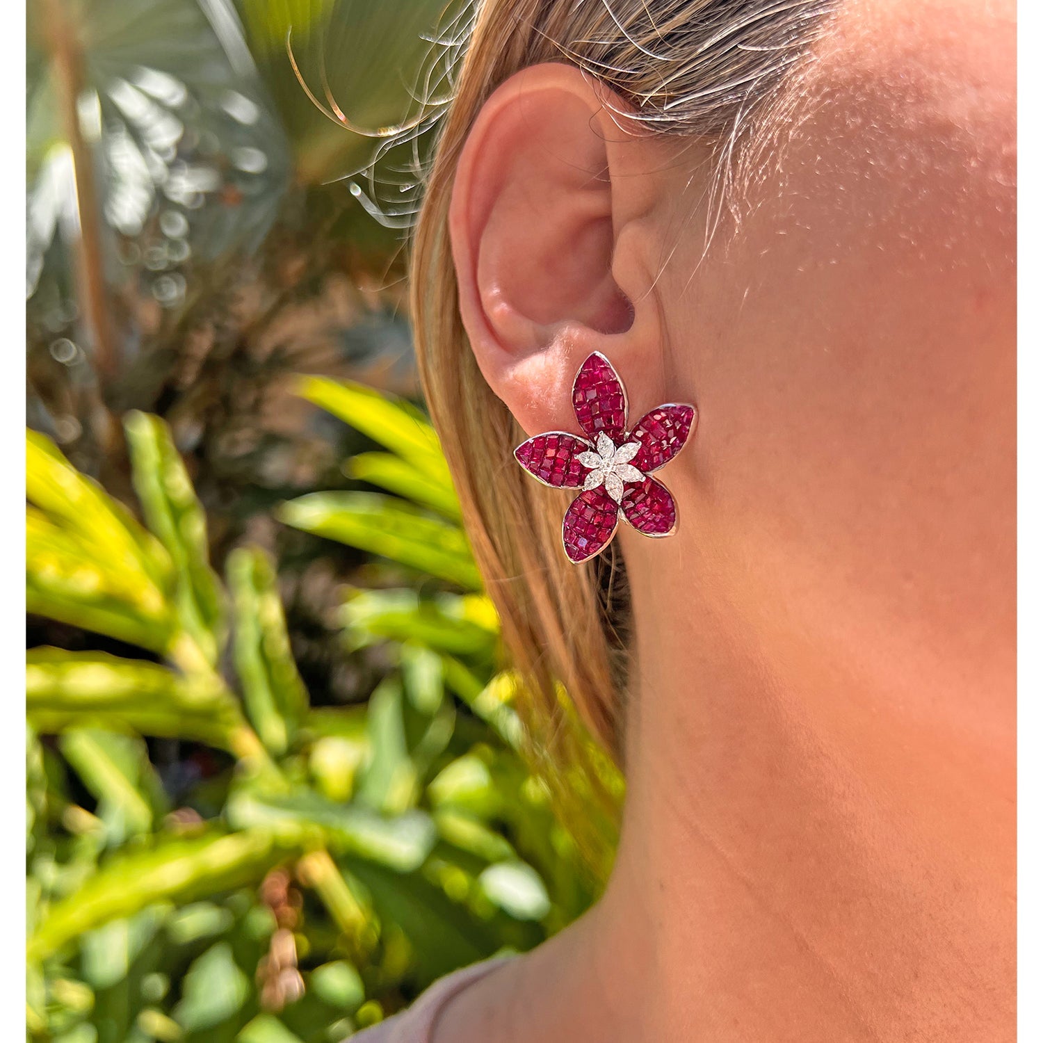 Greenleaf & Crosby - Invisibly-Set Ruby Diamond Lotus Flower Earrings