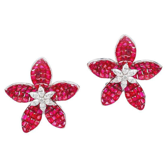 Greenleaf & Crosby - Invisibly-Set Ruby Diamond Lotus Flower Earrings