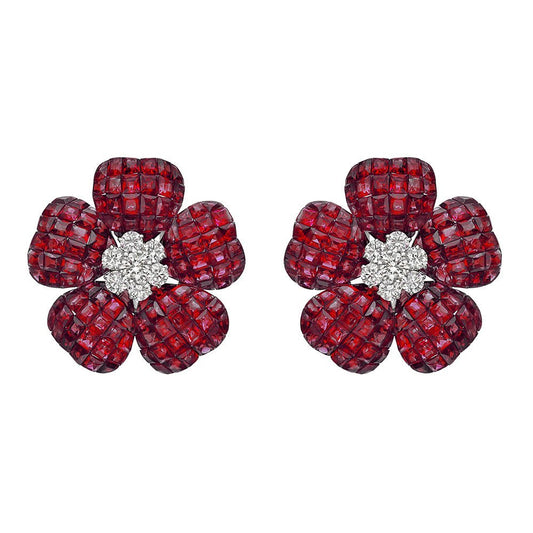 Greenleaf & Crosby - Large Invisibly-Set Ruby Diamond Flower Earrings