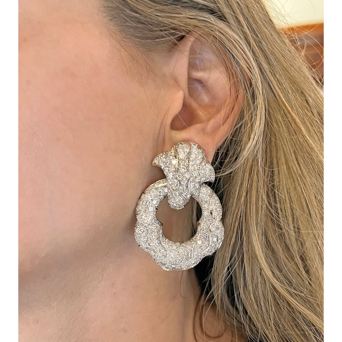 Marina B - 1980s 18k White Gold Diamond Door Knocker Earrings