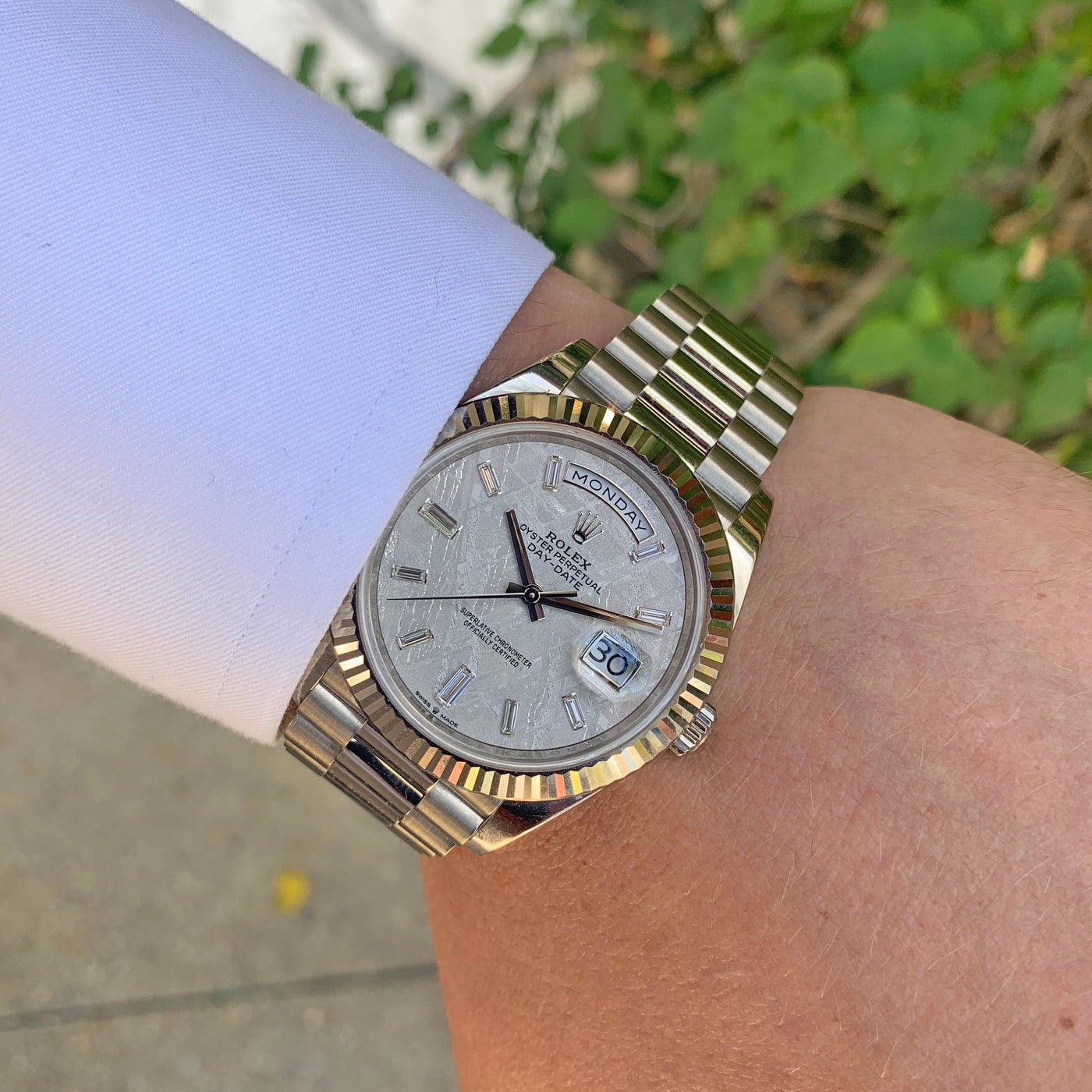 Rolex day date clearance meteorite dial white gold