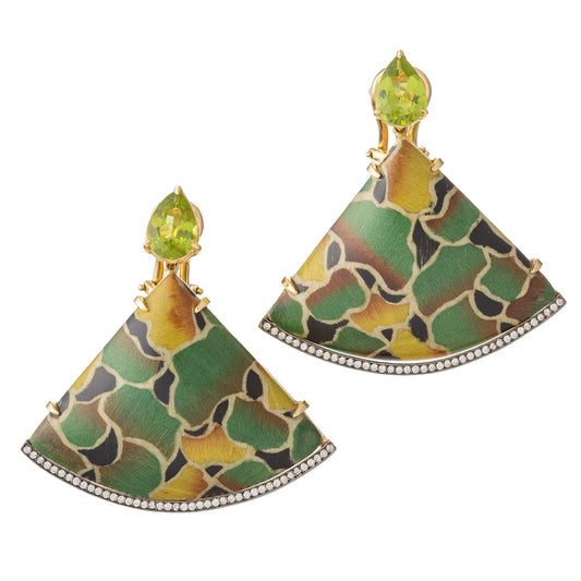 Silvia Furmanovich - 18k Gold Peridot Diamond Marquetry Wood Drop Earrings