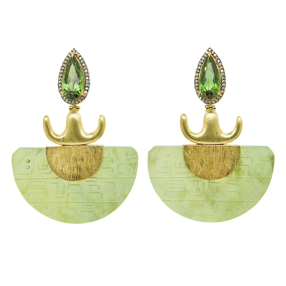 Silvia Furmanovich - Carved Jade Green Tourmaline Diamond Drop Earrings