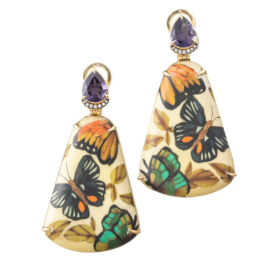 Silvia Furmanovich - Iolite Diamond Marquetry Wood Butterfly Pendant Earrings