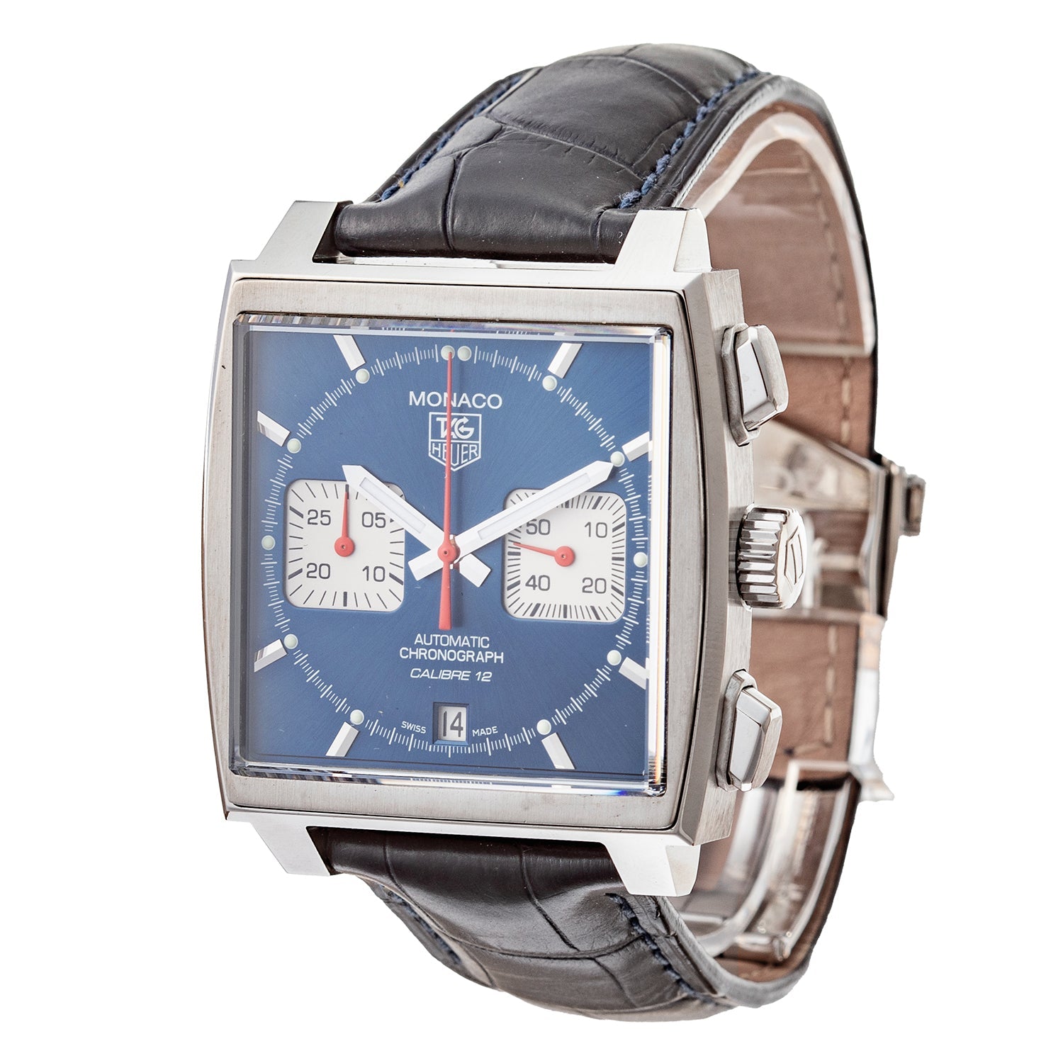 22mm Black Leather Watch Band For TAG Heuer Monaco Calibre 12 CAW2111 – Deployment Clasp