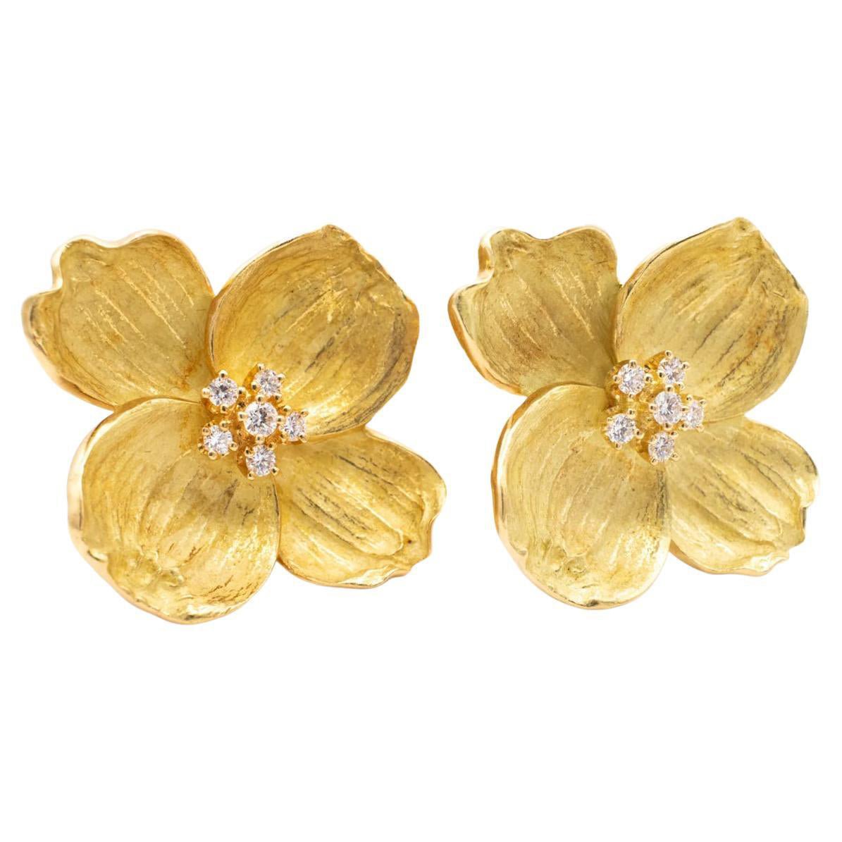 Tiffany & Co - 18k Yellow Gold Diamond Large Dogwood Earrings