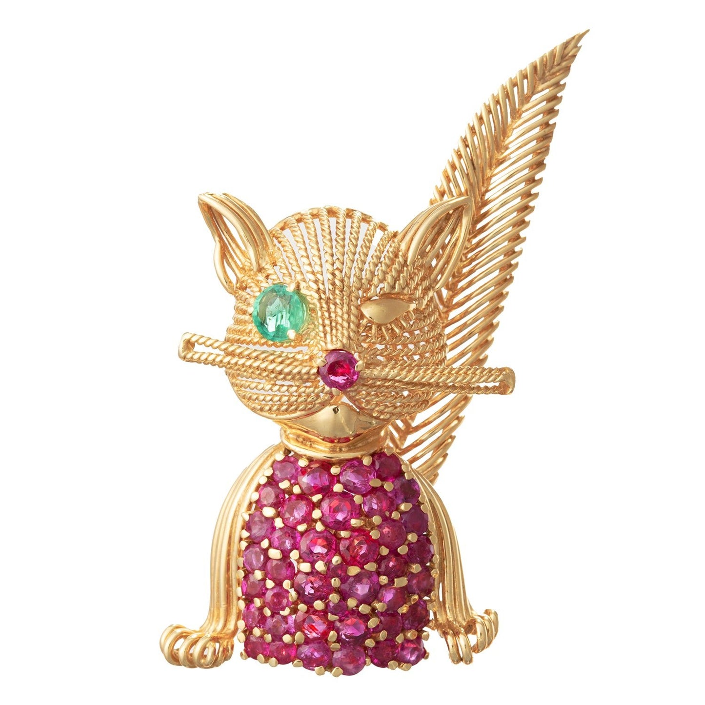 Tiffany & Co - 18k Yellow Gold Ruby Emerald Winking Cat Pin