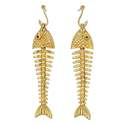 Tiffany & Co - 1970s 18k Yellow Gold Fish & Hook Drop Earrings