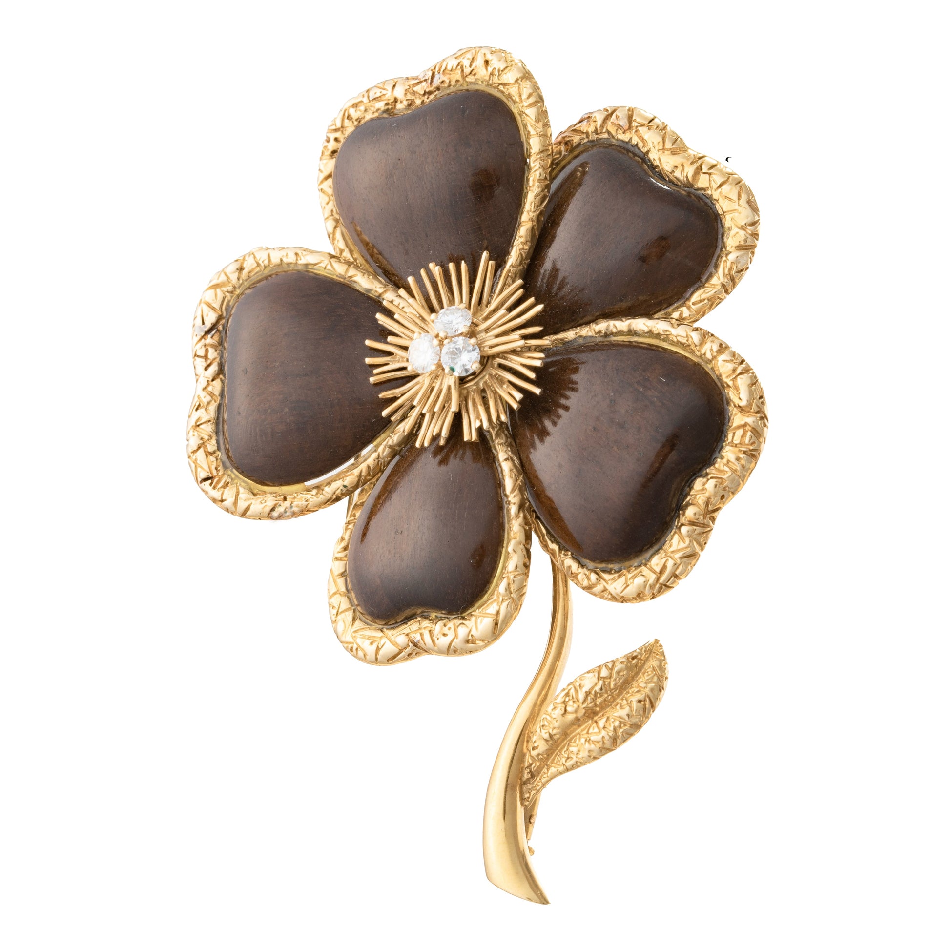 Van Cleef & Arpels - Large 18k Yellow Gold Diamond Wood Clematis Brooch