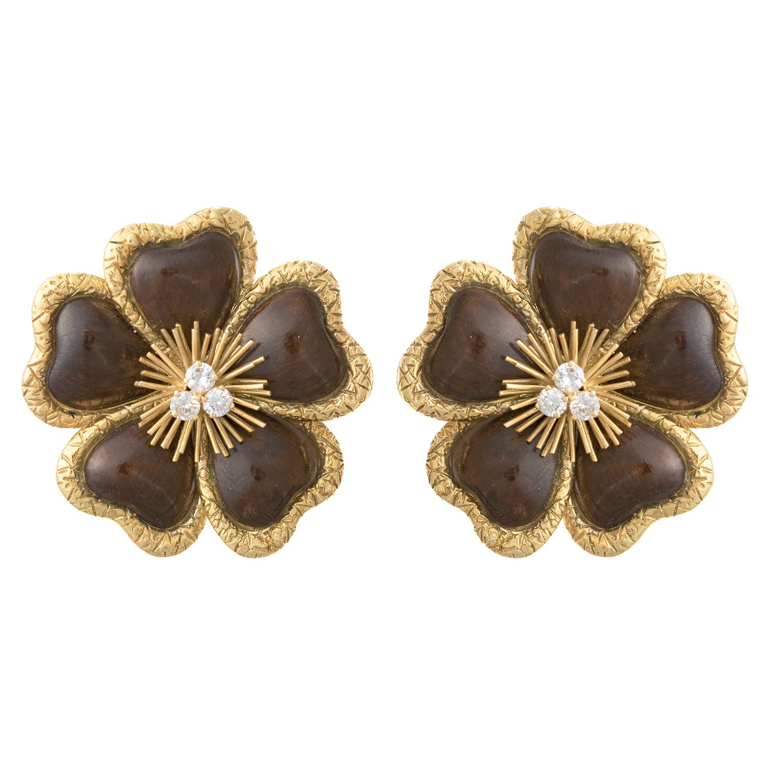 Van Cleef & Arpels - Large 18k Yellow Gold Diamond Wood Clematis Earrings