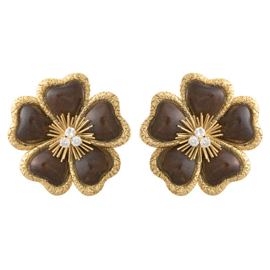 Van Cleef & Arpels - Large 18k Yellow Gold Diamond Wood Clematis Earrings